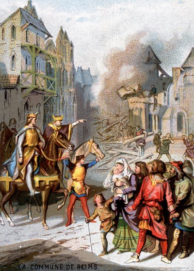 Il comune di Reims (1160) - Rappresaglie di Luigi VII per distruggere le libertà comunali dei borghesi di Reims. Cromolitografia della Serie "Patriotic Education through Image" da French School
