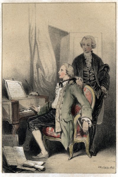 Il compositore Wolfgang Amadeus Mozart (1756-1791) che compone il Requiem. Tavola tratta da 