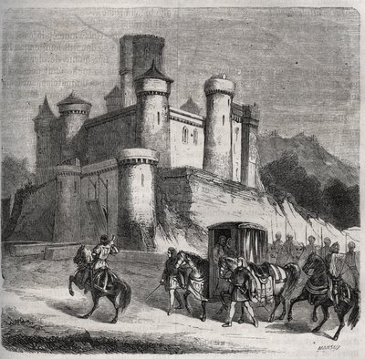 Il corteo di Rigonde (Rigonthe) (intorno al 569-dopo il 589) lascia Parigi per andare dal suo fidanzato, il principe Recarede. Incisione del 1871 in "Histoire Des Cocus Celebres" di Henry de Kock (1819-1892). da French School