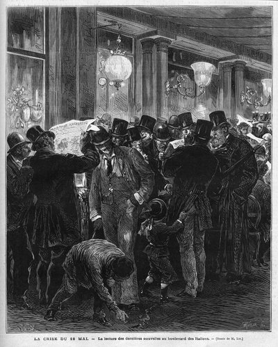 La crisi del 16 maggio 1877: lettura delle ultime notizie sul boulevard des Italiens a Parigi. Questa crisi politica francese è il risultato della lettera di Mac Mahon (Mac-Mahon) che critica l