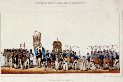 La danza dei birrai e dei bottai durante il corteo industriale a Strasburgo il 25/06/1840. Litografia di Simon da French School