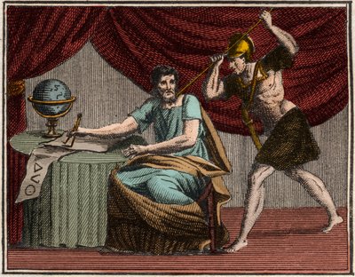 La morte di Archimede durante la cattura di Siracusa, Sicilia, da parte dei soldati romani nel 212 a.C. da French School