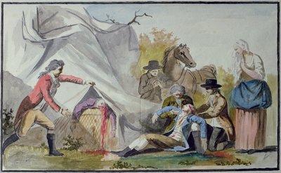 La morte di François Pilâtre de Rozier (1754-85) vicino a Boulogne il 15 giugno 1785 dopo aver tentato di attraversare la Manica in un pallone Mongolfiera da French School