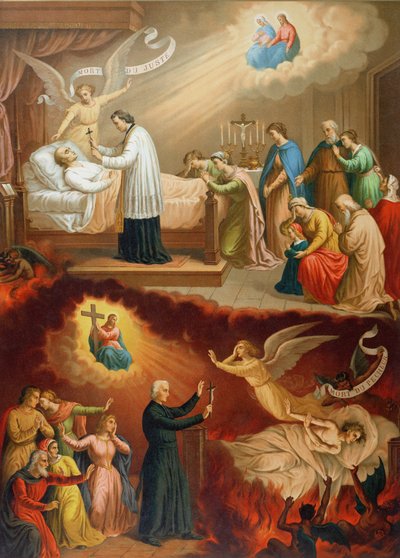 La morte del giusto e la morte del peccatore, illustrazione da un catechismo illustrato, fine del XIX secolo da French School
