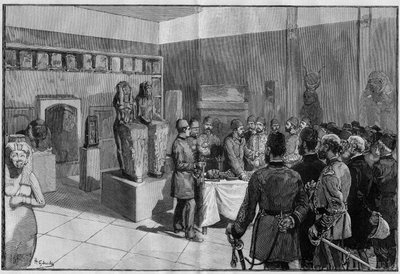La spoliazione della Mummia di Sesostri (Ramses II) al Museo di Boulaq (Cairo, Egitto) da Gaston Maspero alla presenza del chedivè Tewfik. Incisione in “Il Mondo Illustre” 1886. da French School