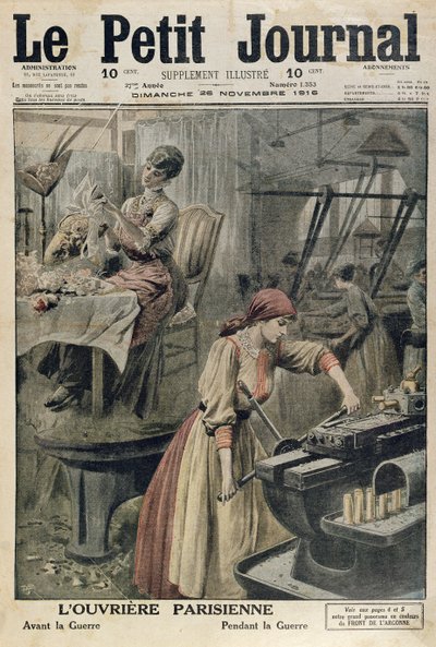 I diversi tipi di lavoro per le donne parigine prima e durante la Prima Guerra Mondiale, illustrazione di copertina di Le Petit Journal, 26 novembre 1916 da French School