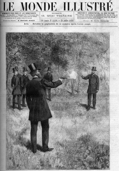 Il duello del Generale Georges Boulanger (1837-1891), Ministro della Guerra e Barone Lareinty, Senatore. Incisione in 