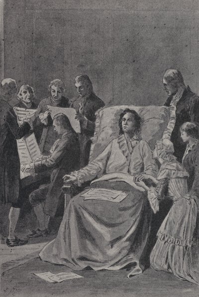 Il morente Wolfgang Amadeus Mozart ascolta i suoi amici eseguire la sua cantata In Lode dell