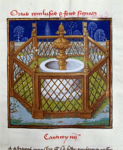 Il giardino chiuso e la fontana Miniatura del Maestro di Dreux-Bude da Speculum humanae salvationis da French School