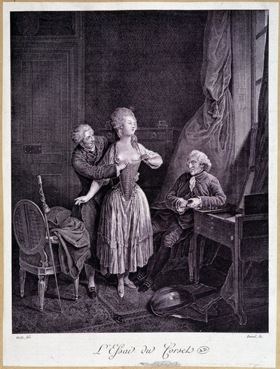 La prova del corsetto (due uomini e una donna con seni scoperti) - incisione del XVIII secolo da French School