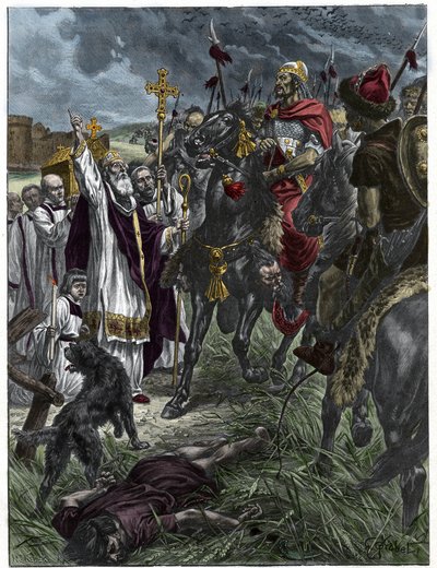 Il vescovo Saint Loup di Troyes ferma Attila re degli Unni prima di Troyes - Invasioni barbariche - Incisione dopo il dipinto di H. Grobert da French School