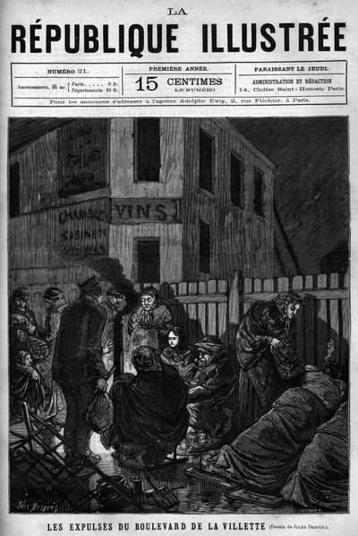 Gli sfratti del Boulevard de la Villette: operai espulsi da una città parigina devono dormire per strada (S.D.F.). Un giornale. Incisione del 1880 in "La republique illustree" collezione privata. da French School