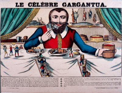 Il famoso personaggio Gargantua dei romanzi di François Rabelais (1494-1553), scrittore francese. Gargantua ha un grande baldacchino e ha tutti i tipi di piatti. Immagine di Épinal del XIX secolo da French School
