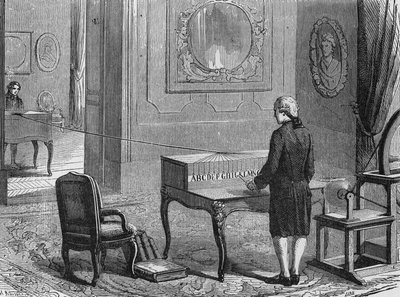 Il primo telegrafo elettrico (apparato di Georges Lesage), Ginevra 1760. In "Album della Scienza", Éditions Jouvet da French School