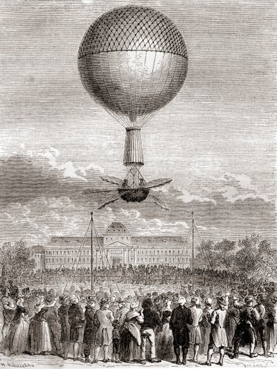 Il primo volo in mongolfiera di successo di Jean-Pierre François Blanchard il 2 marzo 1784, in un pallone a gas idrogeno lanciato dal Champ de Mars, Parigi, Francia, da Les Merveilles de la Science, pubblicato c.1870 da French School