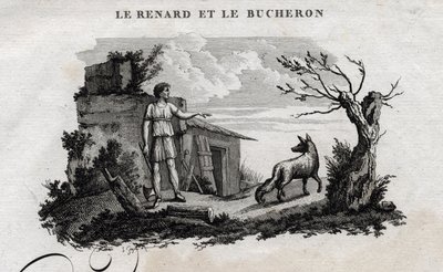 La volpe e il boscaiolo. Favola di Esopo. Scritta da Guillaume Montfort e incisa da Beauble nel 1801. da French School