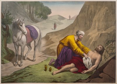 Il buon samaritano, illustrazione da un catechismo L