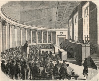 Il grande anfiteatro durante un concorso alla scuola di diritto di Parigi - incisione in 