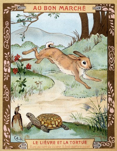 La lepre e la tartaruga (Favola di La Fontaine) - Adesivo pubblicitario Bon Marché, fine XIX secolo da French School