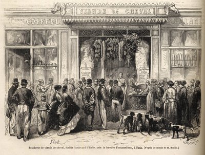 La macelleria di cavallo alla barriera di Fontainebleau (Parigi) aperta nel 1866 - macelleria equina - Macelleria di carne di cavallo Boulevard Italie presso la barriera di Fontainebleau 1866) Incisione in "Le monde illustré" del 1866 da French School