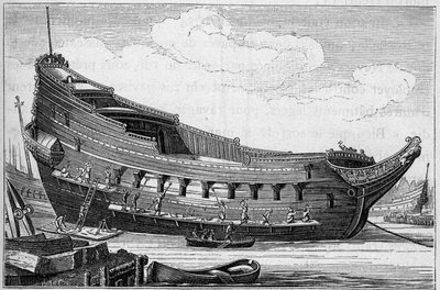 Lo scafo di una grande nave nel XVII secolo. Incisione in 