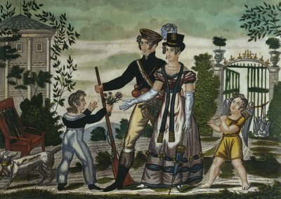 Il ritorno dei cacciatori, tavola 4, inizio XIX secolo (incisione a colori) da French School