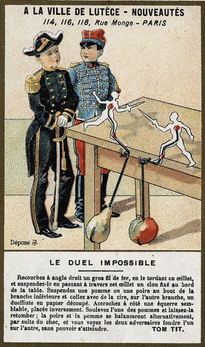 Il duello impossibile: carta per bambini che spiega un gioco da costruire. Cromolitografia del XIX secolo da French School