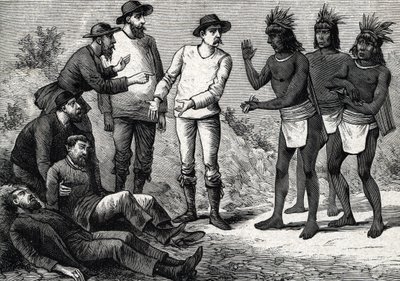 Gli abitanti del Perù aiutano gli europei coloniali affetti da malaria con la cinchona (incisione) 1888 da French School