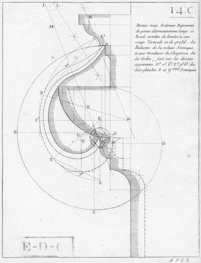 Il capitello ionico, illustrazione da un libro di geometria, pubblicato Avec Privilege du Roy et E.. du Gouvernement da French School