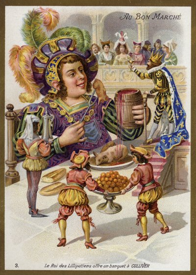 Il re dei Lillipuziani organizza un banchetto per Gulliver da French School