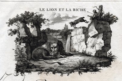 Il leone e il cervo. Favola di Esopo. Scritta da Guillaume Montfort e incisa da Beauble nel 1801. da French School
