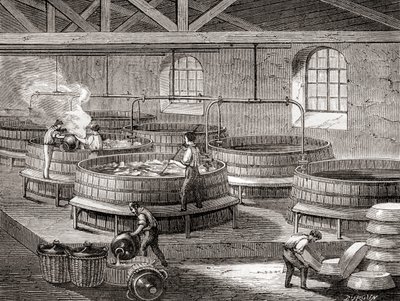 La fabbricazione del sapone in grandi vasche nel XIX secolo, da 