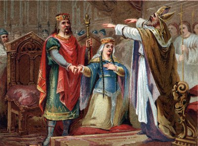 Il matrimonio di Clodoveo (481-511) Re dei Franchi con Clotilde nel 493. Cromolitografia della fine del XIX secolo da French School
