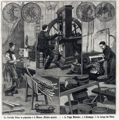 Le nuove monete francesi in preparazione hanno le monete e le fasi di fabbricazione (tipografia monetaria, stampaggio e lavaggio delle monete). In 