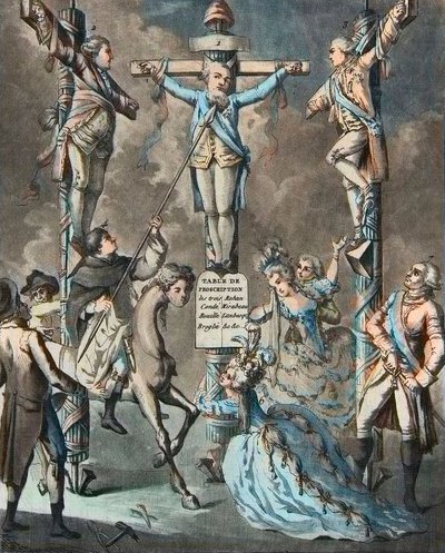 Il nuovo calvario, Luigi XVI messo in croce dalle rivolte - 2. e 3. Monsieur (Louis Stanislas Xavier, Conte di Provenza (1755-1824), Luigi XVIII) e il Conte di Artois (Charles Philippe (1757-1836) Carlo X), fratelli del Re, appoggiati dai decreti da French School