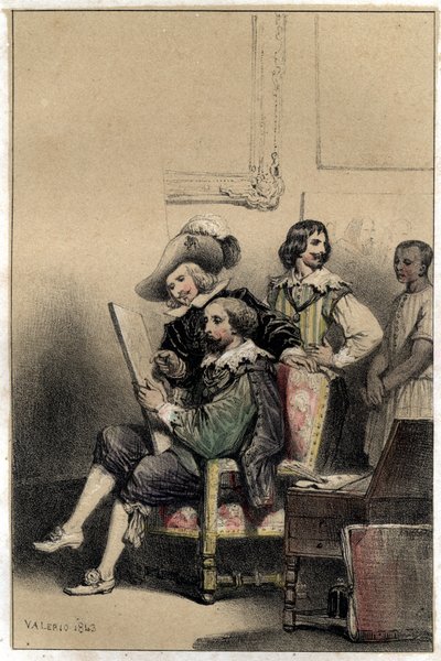 Il pittore Diego Velasquez (1599-1660) accoglie nel suo studio Pierre Paul (Pierre-Paul) Rubens (o Peter Paul o Petrus Paulus) (1577-1640). Tavola tratta da "Scene della vita degli uomini famosi" incisione a due colori di Valerio. 1843 da French School