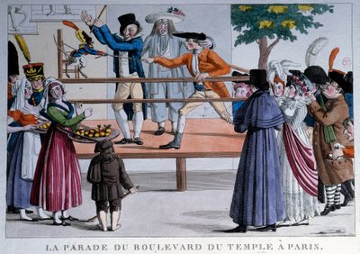 La parata del boulevard du temple a Parigi. Litografia anonima da French School