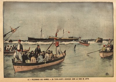 Il pellegrinaggio degli uomini in Terra Santa a Jaffa (Israele). Incisione in "Le pelerin" 8/09/1901. Collezione Selva. da French School