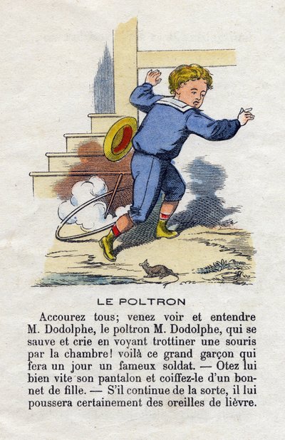 Il poltrone. Un bambino che gioca con il cerchio spaventato da un topo. Alfabeto dei bambini. Abecedario con valore morale contenente esercizi di lettura. Immagini di Epinal fine XIX secolo da French School