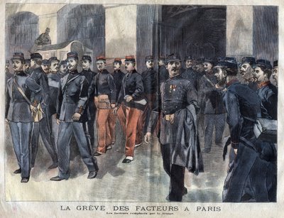 Lo sciopero dei postini: soldati e guardie municipali incaricati della distribuzione delle lettere a Parigi. Incisione del 1899 in "La petite Gironde" da French School