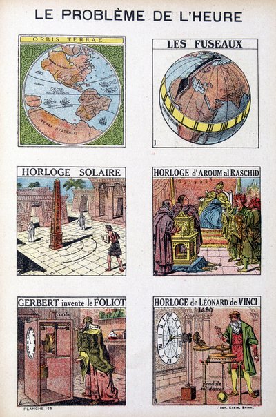 Il problema del tempo: Orbis Terrea, il fuso, orologio solare, orologio di Aroum Al Racshid, Gerberto inventa il Foliot, orologio di Leonardo da Vinci - incisione, inizio 20° secolo da French School