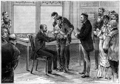 Operazioni del vaccino antirabbico, nel laboratorio di Louis Pasteur, disegno di C.Gilbert d