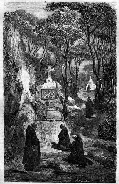 I religiosi di San Benedetto in preghiera. Incisione in 