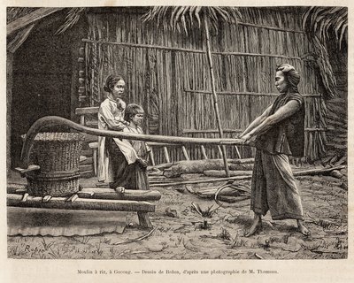 Il mulino del riso, davanti alla casa di un contadino a Gocong, incisione da un disegno di Robin illustrando il viaggio in Cocincina, del Dottor Morice, nel 1872, pubblicato in 