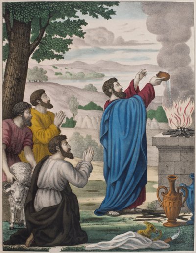 I sacrifici rivali di Elia e dei sacerdoti di Baal, illustrazione da un catechismo L