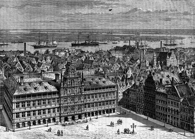Il fiume Schelda visto dal porto di Anversa, Belgio. Incisione in "Le Journal de la jeunesse" da French School