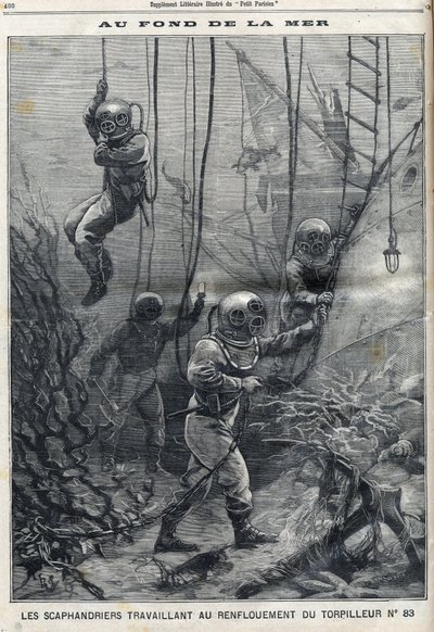 Gli scafandri lavorano al salvataggio del siluro 83 affondato nella baia di Douarnenez in Bretagna, in "Le Petit Parisien". da French School