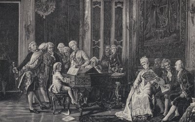 Il sette anni Wolfgang Amadeus Mozart che suona davanti a Re Giorgio III a Londra, 1764 da French School