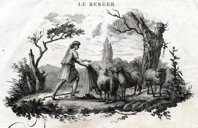 Il pastore. Favola di Esopo. (Scrittore greco Esopo o Ecopo, VI secolo a.C.) Scritta da Guillaume Montfort e incisa da Beauble nel 1801. da French School