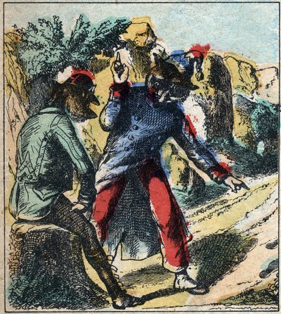 Il leone malato e la volpe. Favole di Jean de La Fontaine (1621-95). Immagine di Epinal fine XIX secolo da French School